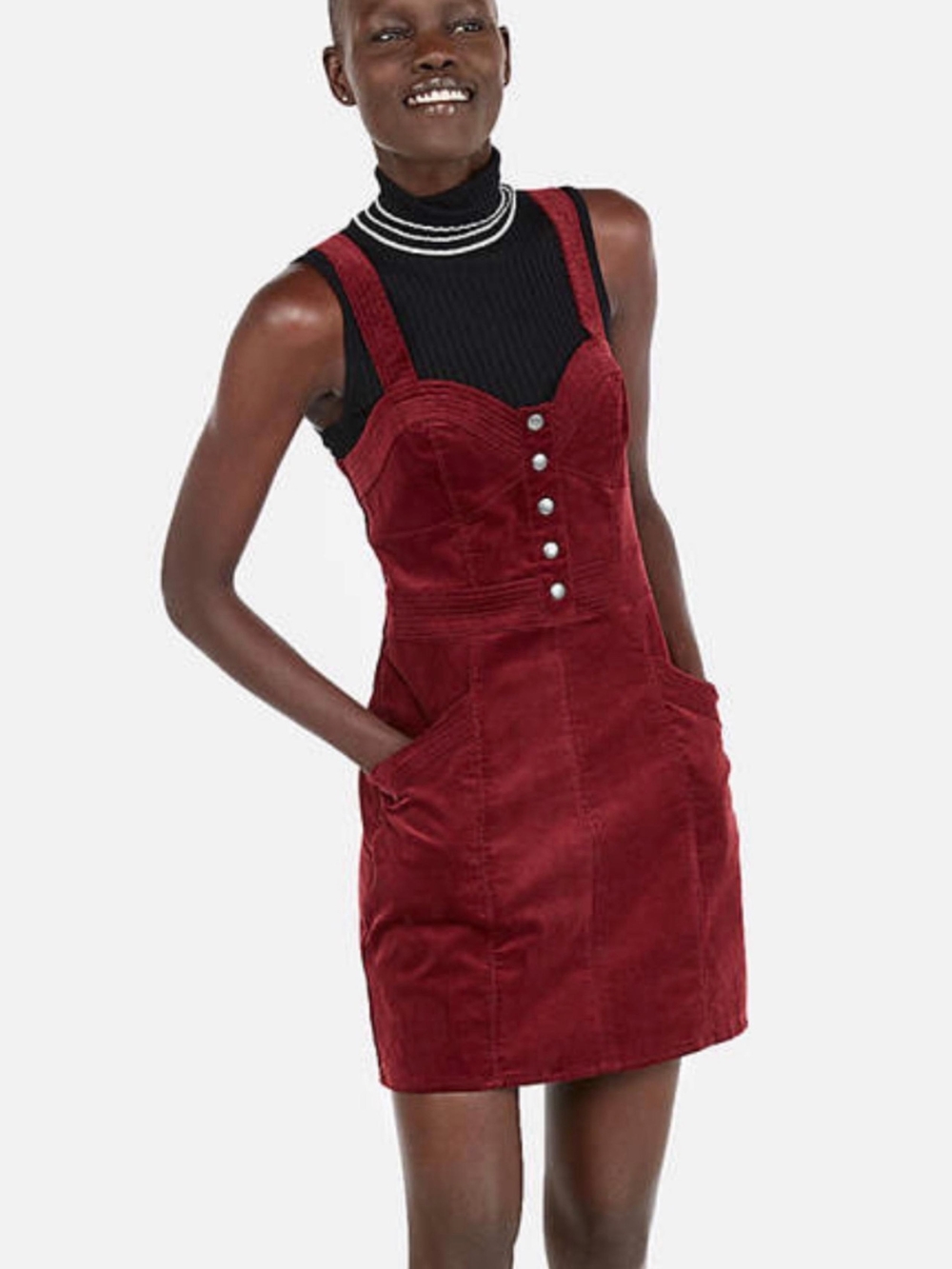 Express Burgundy Corduroy Button-Front Pinafore Dress